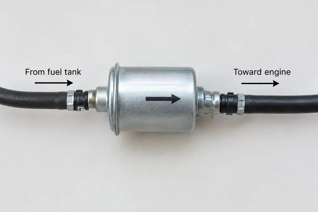 Inline fuel filter with a labeled flow arrow pointing from the tank-side inlet toward the engine-side outlet