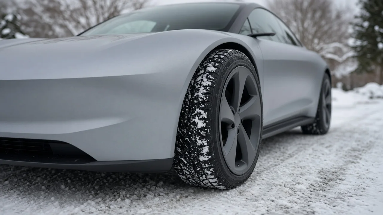 Electric vehicle with winter tires parked on a snowy driveway, showing tread detail.