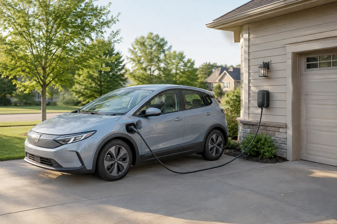 Electric compact car charging in a suburban driveway with a home charging unit beside it