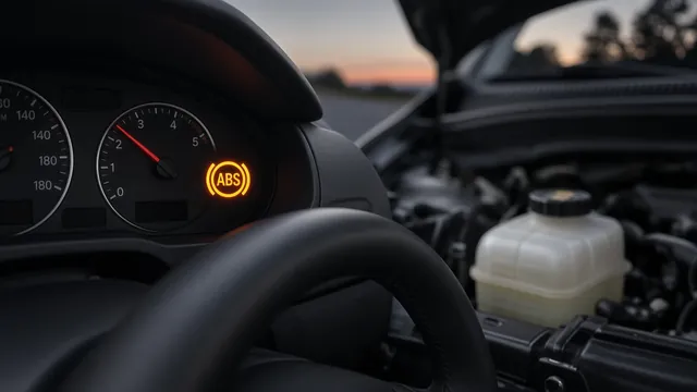 Amber ABS warning light on a car dashboard, with a brake fluid reservoir showing a low level in the background