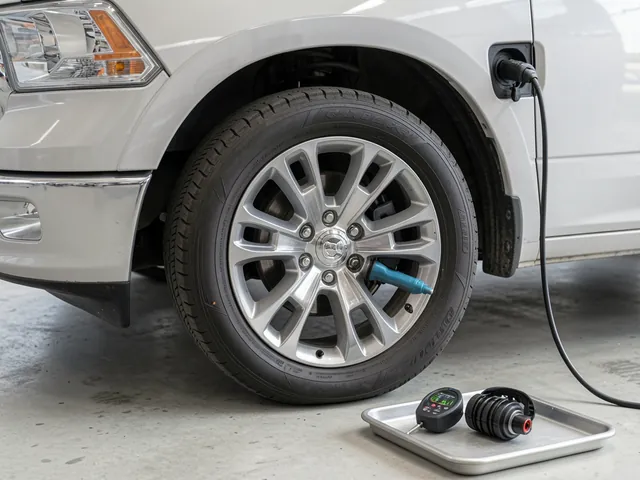 Ram 1500 wheel with a tire pressure gauge and an uninstalled TPMS sensor nearby