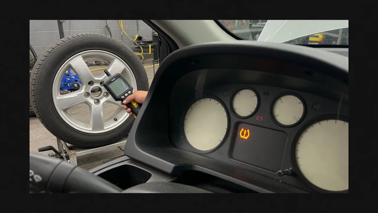 Car dashboard showing a TPMS fault warning and service message with a technician's tire pressure sensor tool near a wheel
