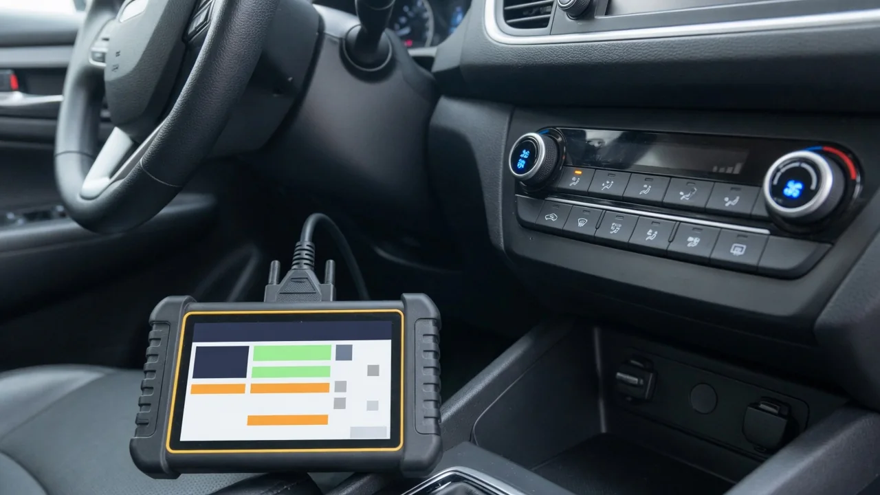 Car climate control panel with a lit A/C button and an OBD-II scan tool plugged in under the dashboard