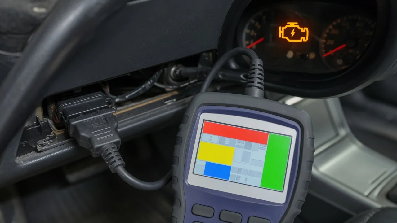 OBD-II scan tool connected under a car dashboard with the check engine light on in the background