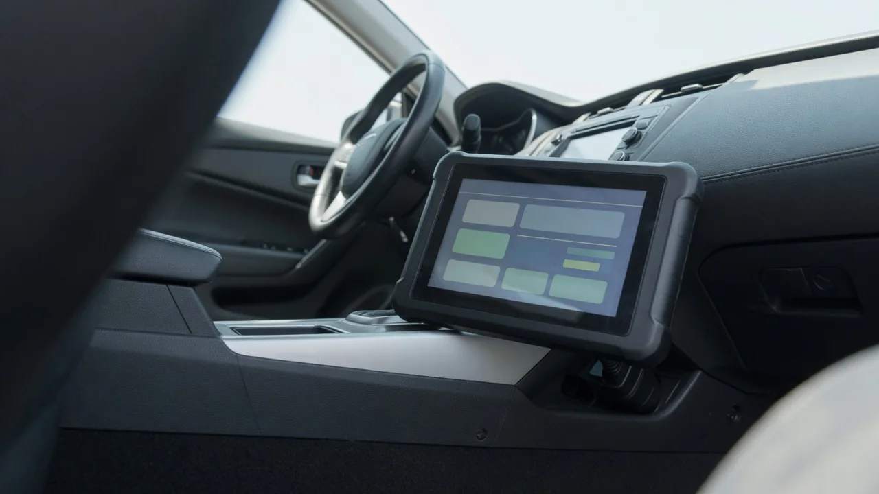 OBD-II scan tool connected under a car dashboard, showing a diagnostic trouble code reading