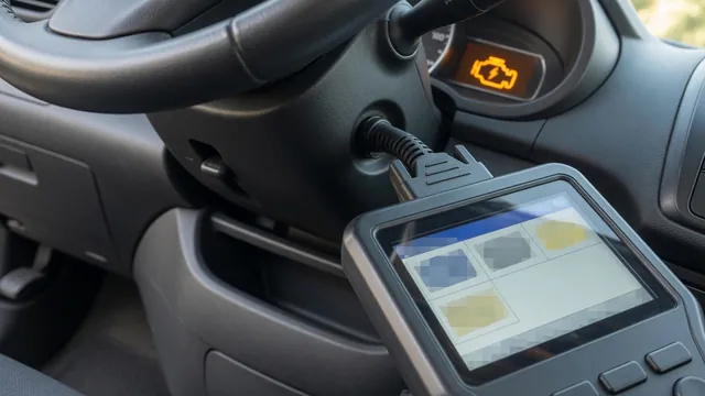 OBD-II scan tool plugged into a car's diagnostic port, with the check engine light on in the dashboard