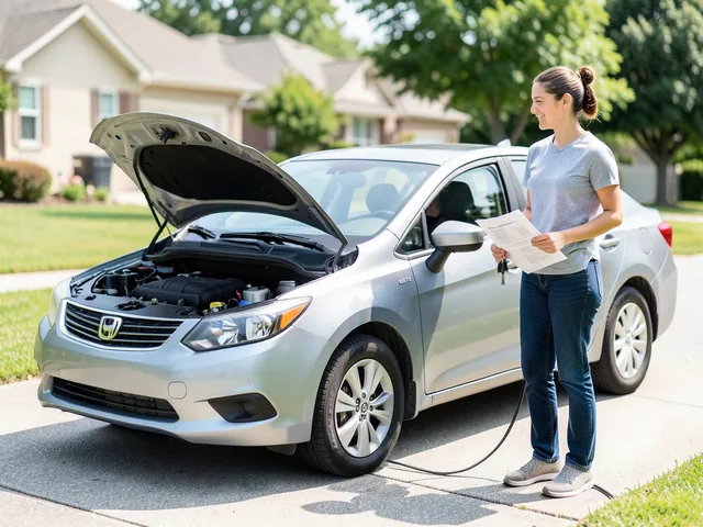 First-time buyer holding paperwork and keys next to a used sedan on a driveway during a private sale viewing