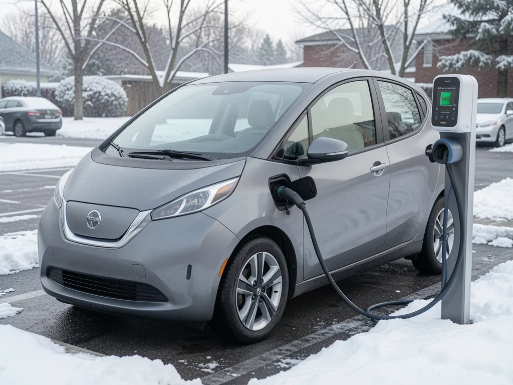 Electric vehicle connected to a charging station on a snowy morning