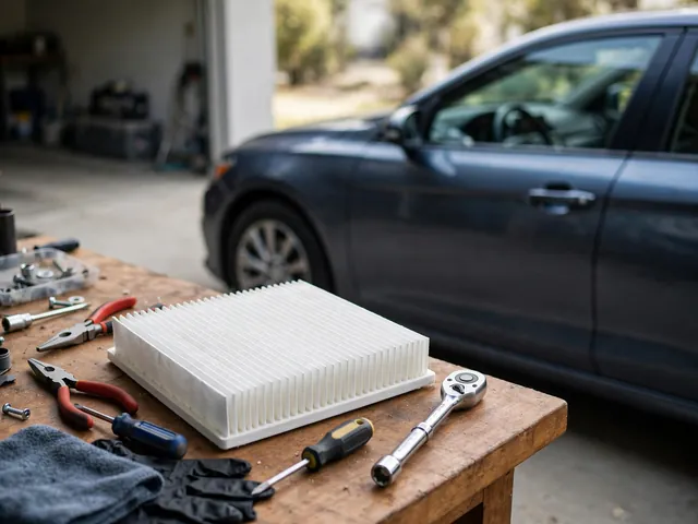 Cabin air filter and basic hand tools ready for maintenance beside a parked Ford sedan
