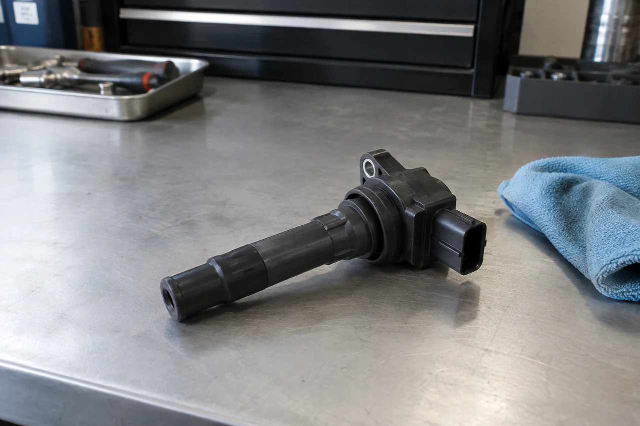 Ignition coil body, rubber boot, and electrical connector beside a clean microfiber cloth