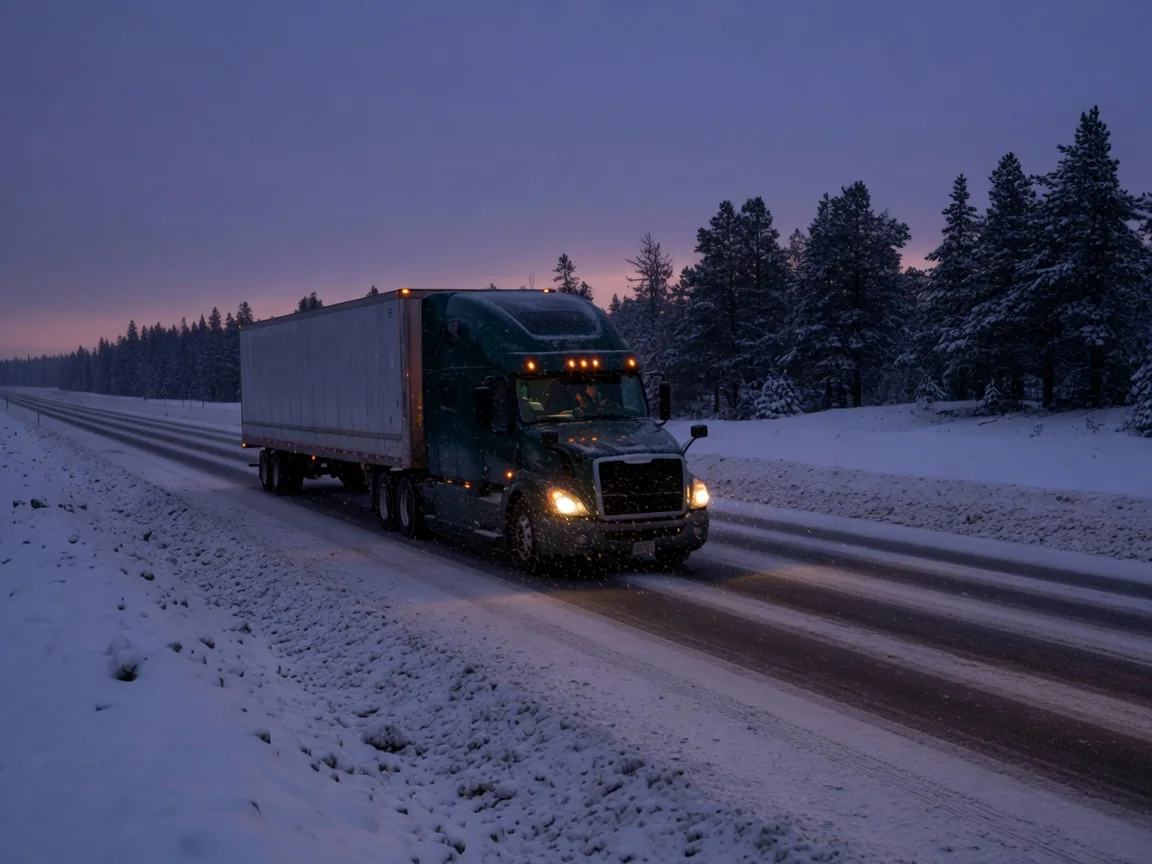 Semi-truck with trailer driving on a snowy highway at dusk with its lights on during light snowfall
