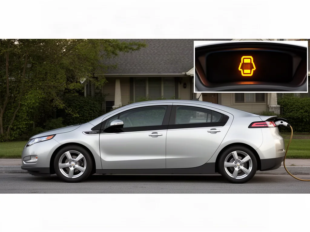 Chevy Volt parked with a check engine symbol inset beside the dashboard