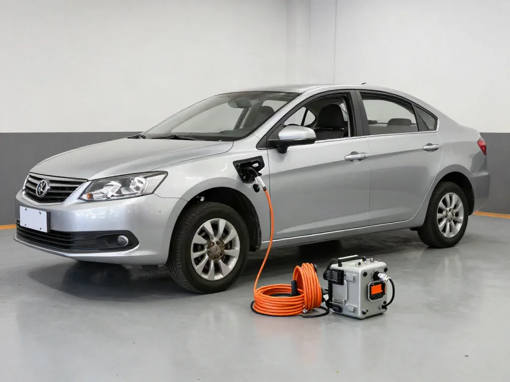 Conventional car's exposed brake disc next to a separate electric motor-generator on a shop workbench