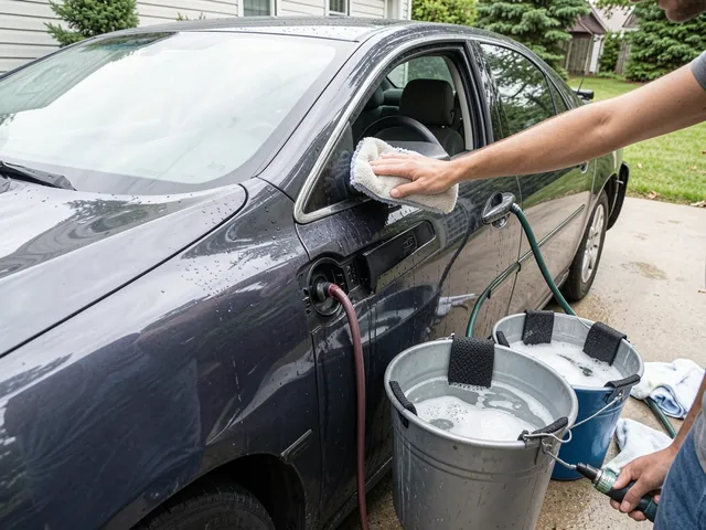 Person washing a car by hand in a driveway using the two-bucket method with grit guards and a microfiber wash mitt