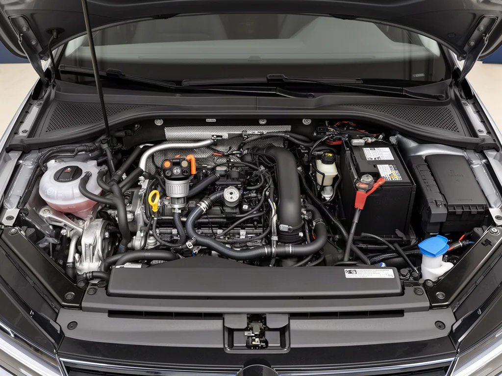 Illustration of a crankcase ventilation regulator and hoses within a Volkswagen engine bay