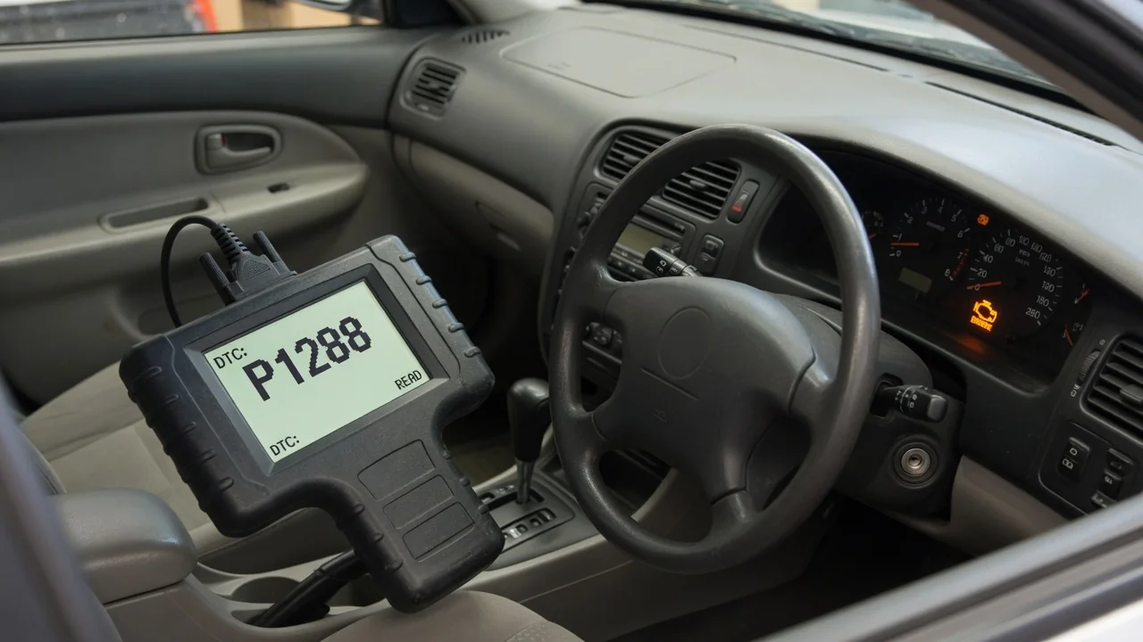 Diagnostic scanner displaying P1288 beside a vehicle dashboard with an illuminated check engine light