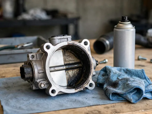 Removed throttle body on a workbench showing a half-cleaned bore next to a rag and cleaner can