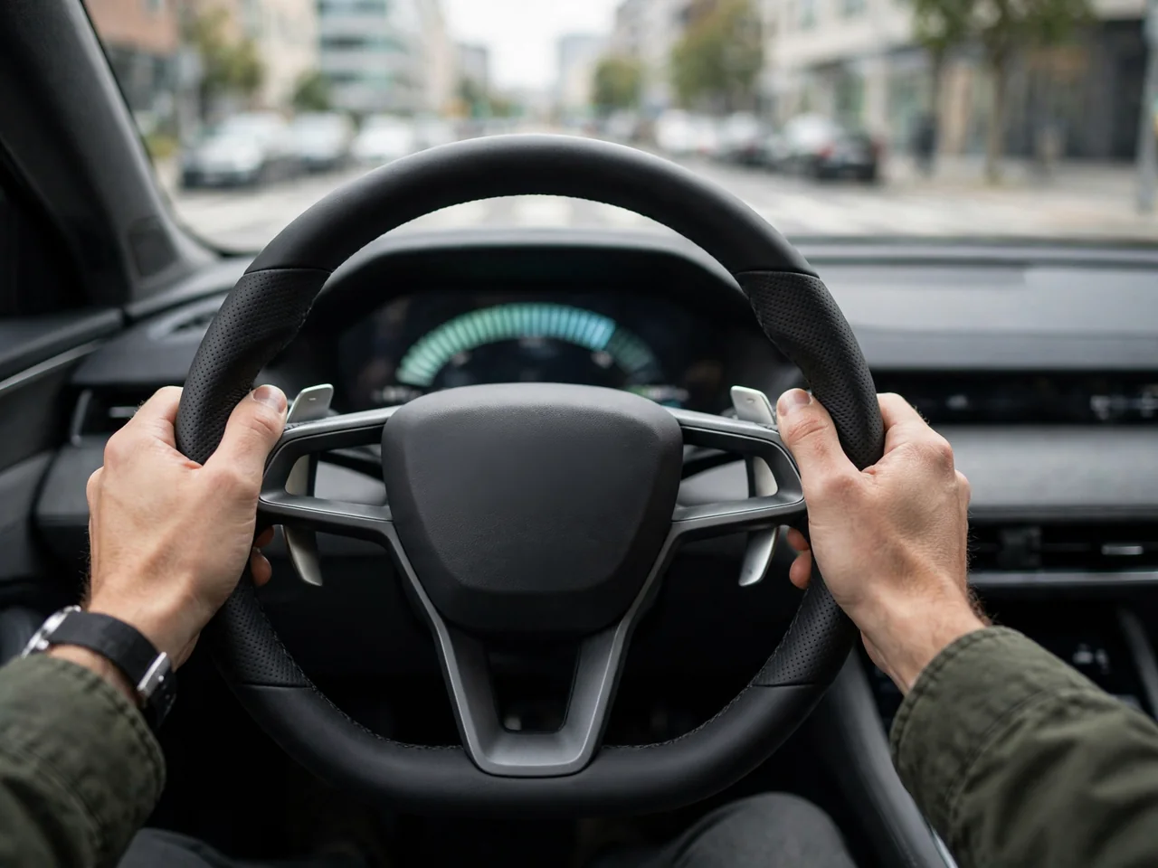 Driver's hands on an electric car steering wheel with regenerative braking paddles and a digital regen level display