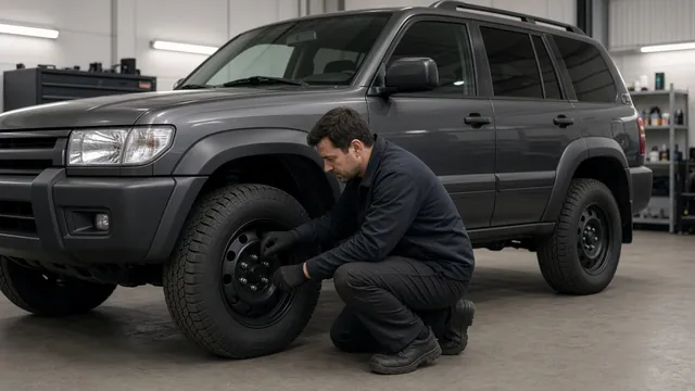 Technician inspecting a mounted wheel and tire on a car in a service bay