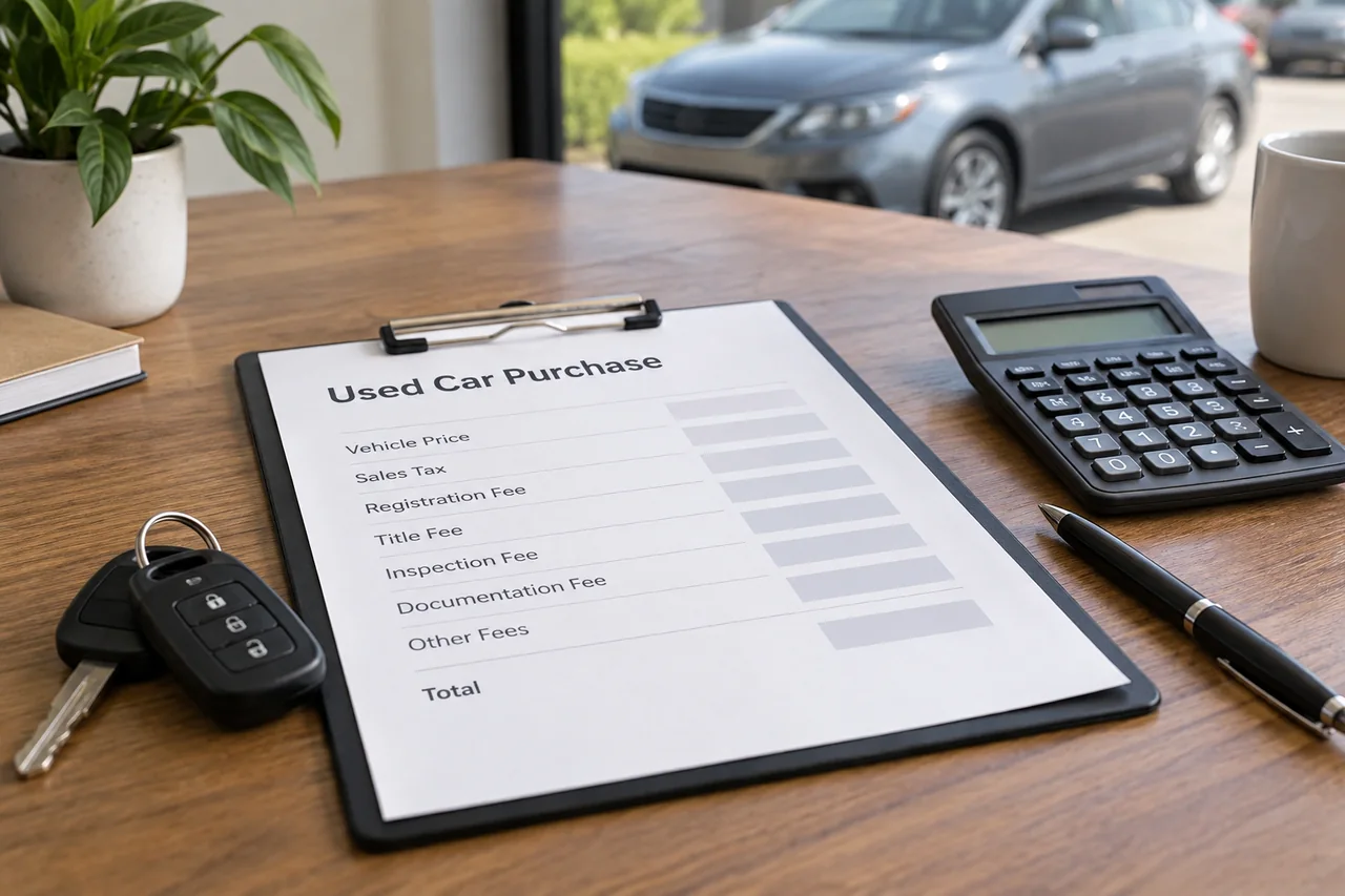 Used-car purchase paperwork showing itemized fees beside car keys and a calculator