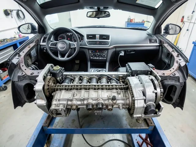 Audi engine timing chain assembly with chains, guides, and tensioners exposed in a workshop