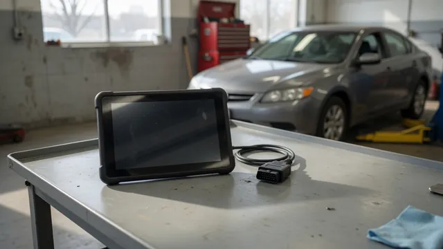 Illustration of a diagnostic scanner displaying P0129 beside an engine pressure sensor