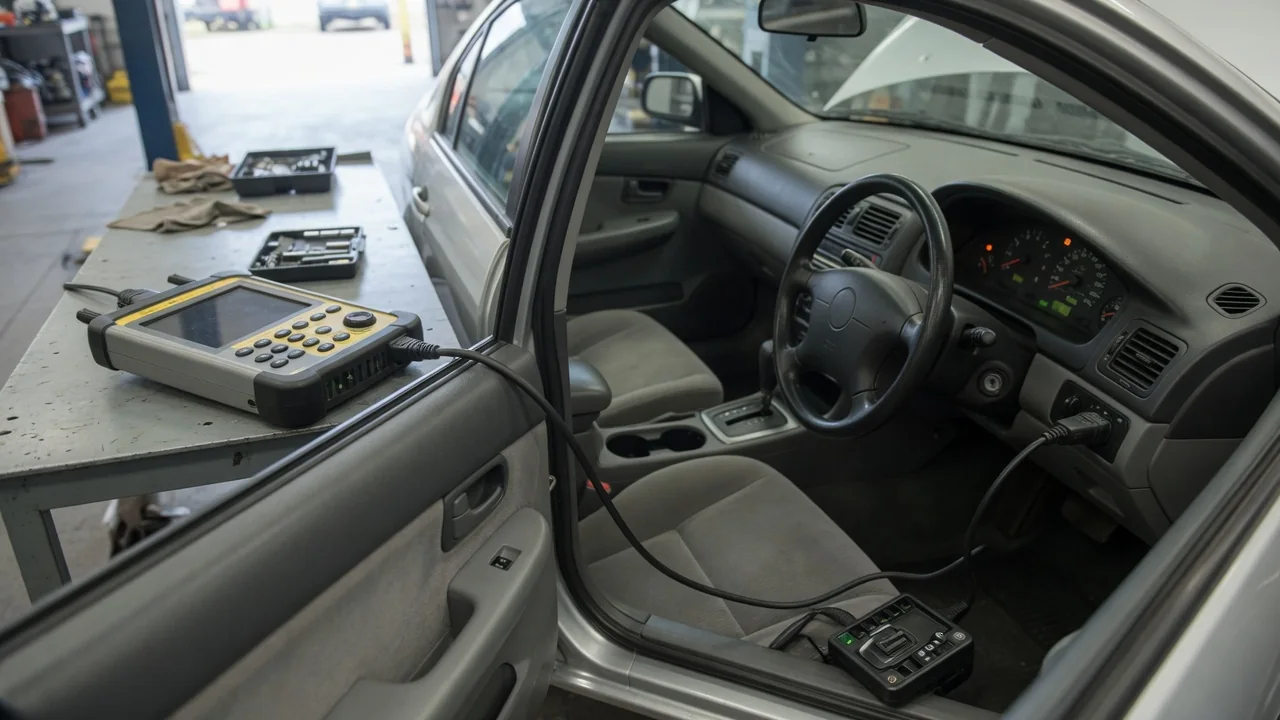Diagnostic scanner beside a vehicle dashboard displaying a warning light