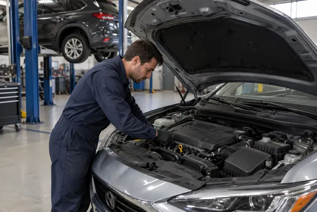 Technician inspecting an engine with the vehicle parked and engine switched off