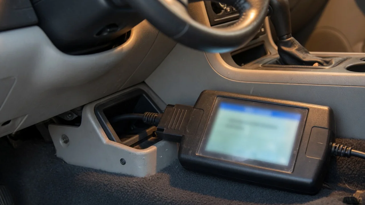 Handheld OBD-II scan tool plugged into a car's diagnostic port to read a stored trouble code