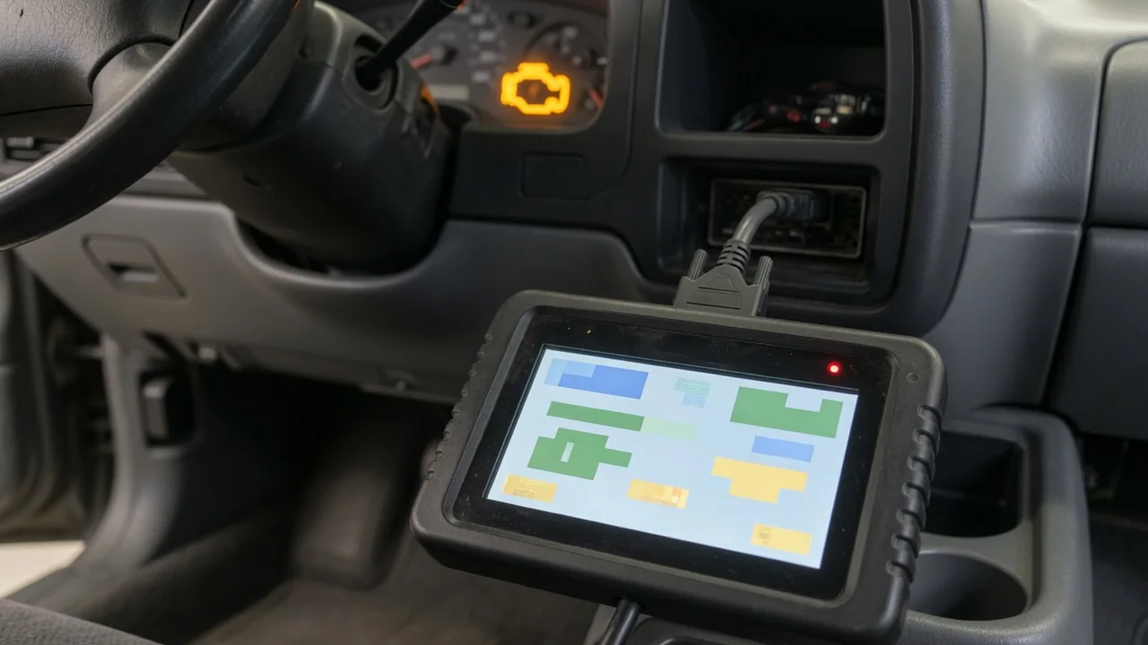 OBD-II scan tool connected under a dashboard, reading a trouble code while the check engine light is on