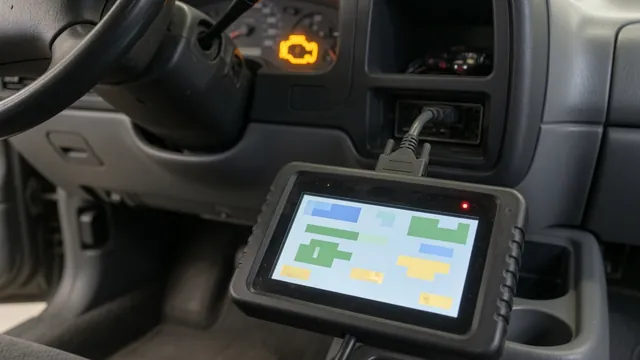 OBD-II scan tool connected under a dashboard, reading a trouble code while the check engine light is on