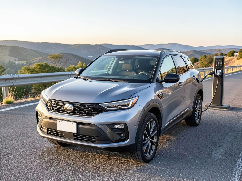Electric SUV parked at a scenic highway overlook with a charging station nearby
