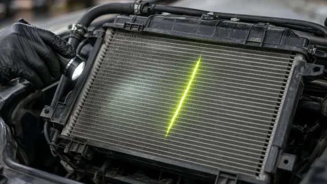 Technician using a UV flashlight to reveal an oily refrigerant leak on a car AC condenser