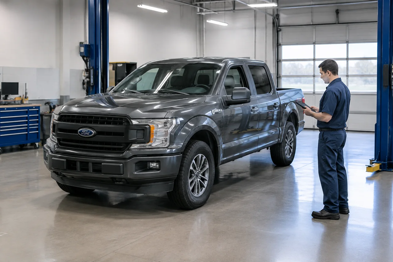 Ford F-150 parked in a service bay for a fuel system inspection