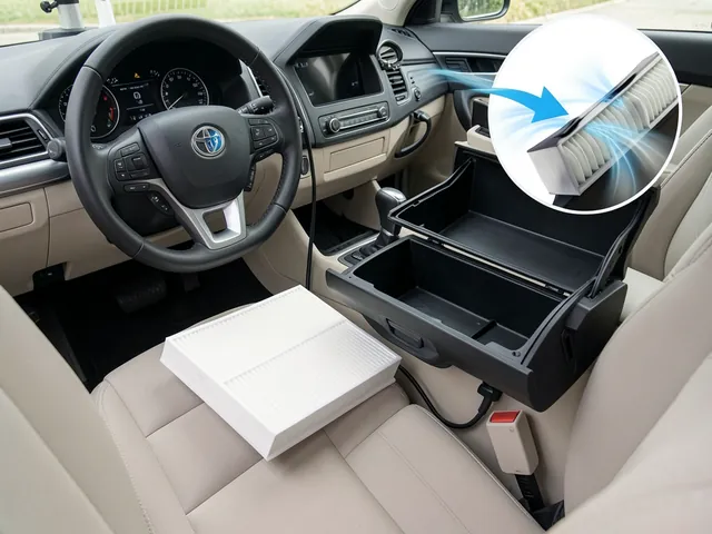 Cabin air filter beside an open glovebox, with an inset showing the filter’s airflow arrow