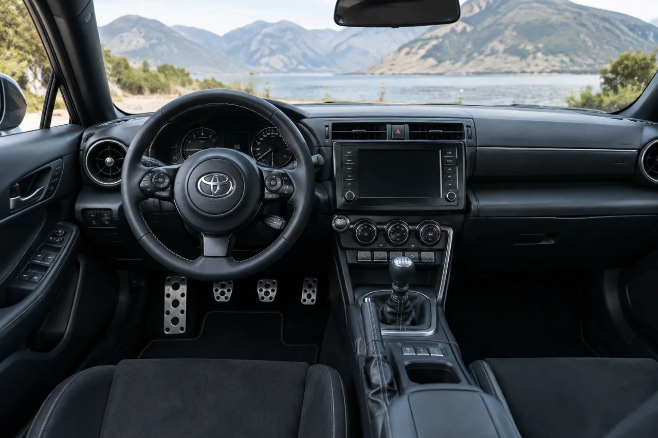Manual gear shifter and three pedals inside a Toyota passenger car