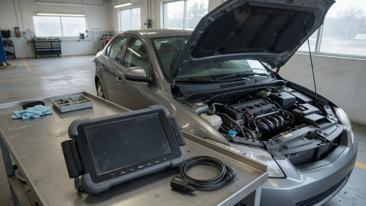 Diagnostic scanner beside a vehicle with its hood open for a P1409 trouble code assessment