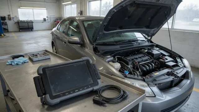 Diagnostic scanner beside a vehicle with its hood open for a P1409 trouble code assessment