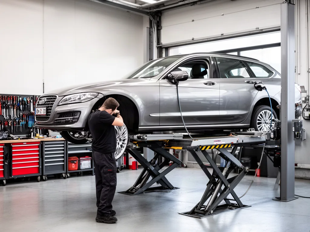 Vehicle on a service lift with a technician inspecting a wheel during a tire rotation appointment