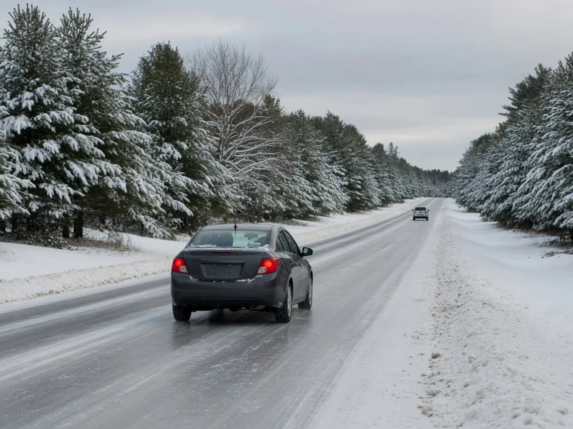 Sedan driving slowly with plenty of space on an icy, snow-lined winter road