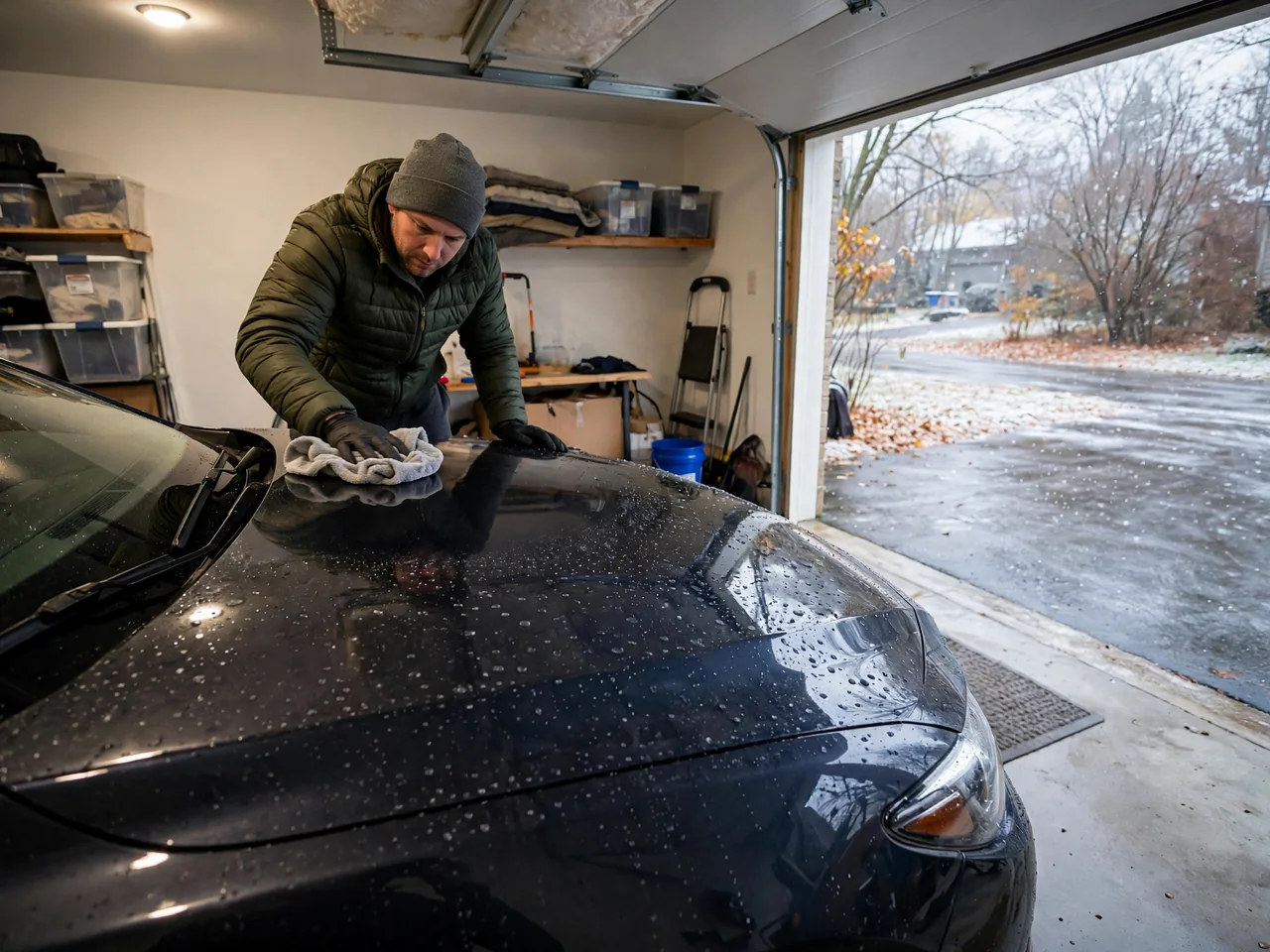 Person buffing wax onto a sedan's hood in a garage while light snow falls on the driveway outside