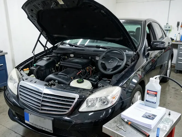 Coolant container and Mercedes-Benz owner's manual beside a closed coolant reservoir in a cool engine bay