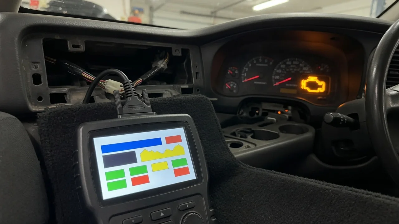 OBD-II scan tool plugged in under a car dashboard, reading a trouble code while the check engine light is on