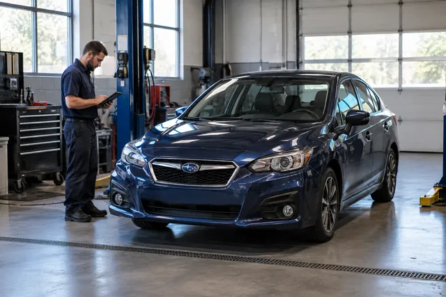 Subaru Impreza parked in a clean service bay for an engine timing inspection