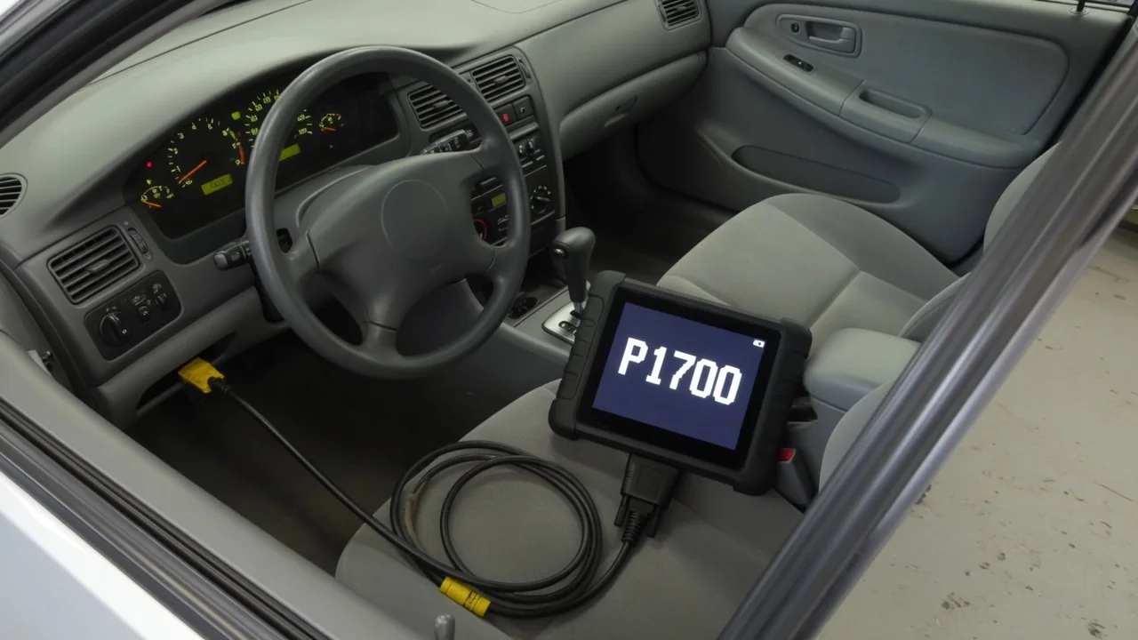 Diagnostic scanner beside a vehicle dashboard displaying the P1700 trouble code