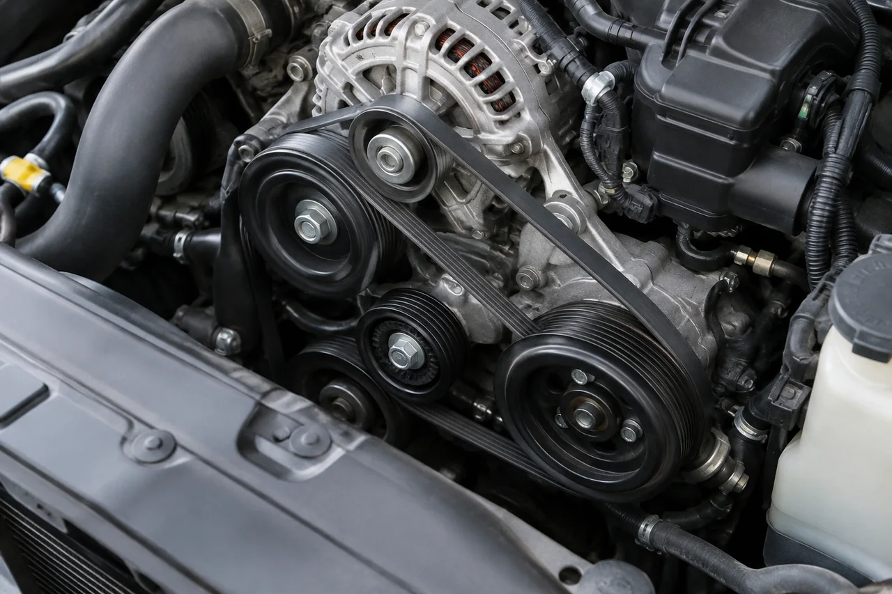 Accessory belt and pulleys in an engine bay with the engine off for a visual inspection
