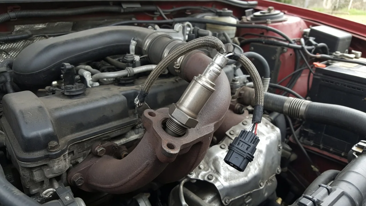 Upstream oxygen sensor mounted in an exhaust manifold with its wiring connector visible