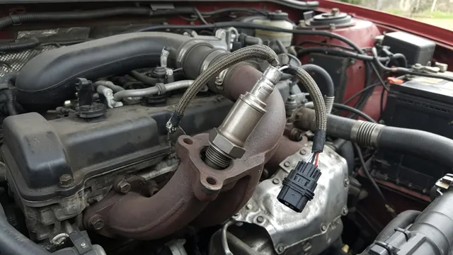 Upstream oxygen sensor mounted in an exhaust manifold with its wiring connector visible