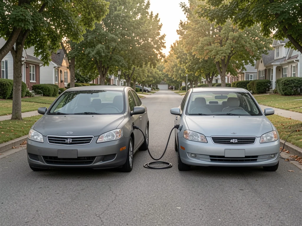 Compact gasoline and diesel passenger cars parked on a quiet suburban street