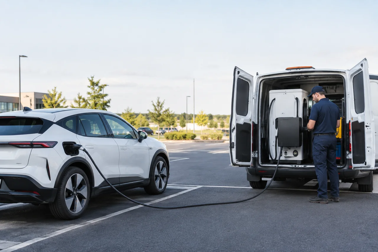 An electric car receiving mobile charging assistance in a designated parking area
